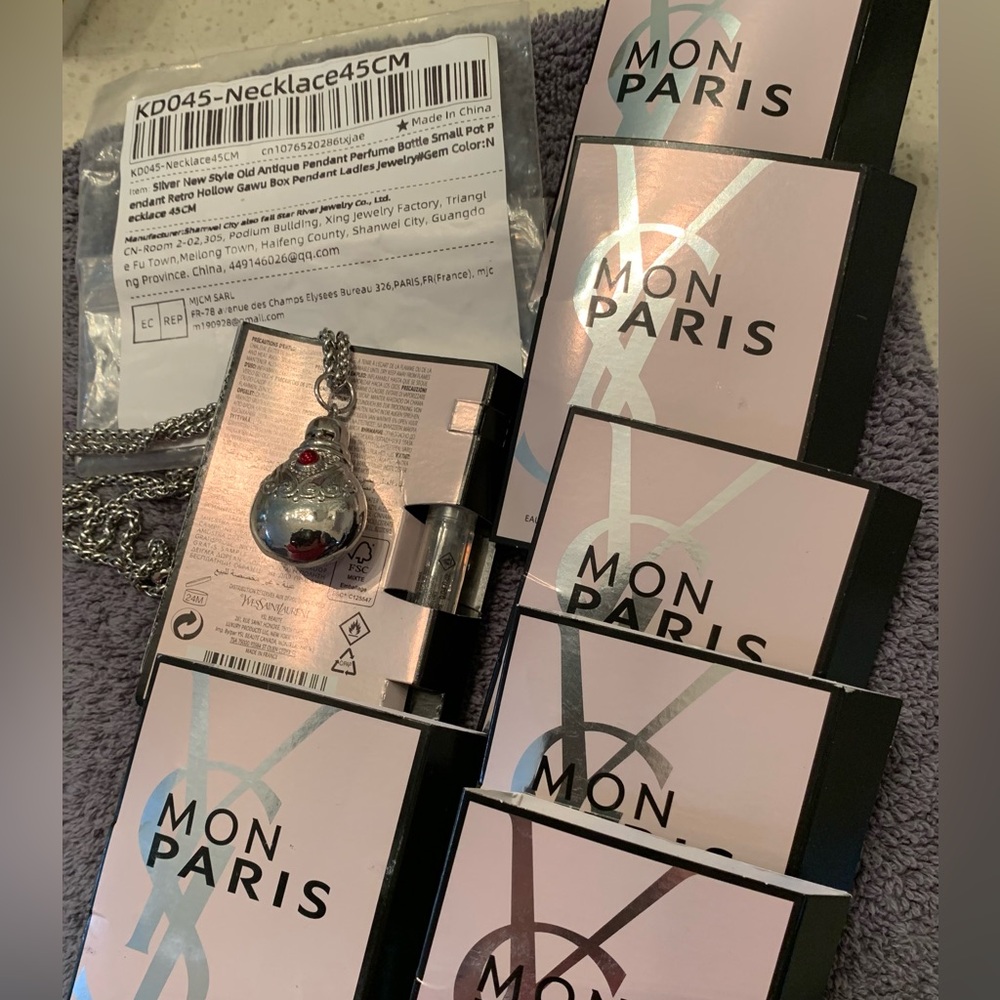 YSL Mon Paris Perfume Collection Samples & Silver & Red perfume holder necklace